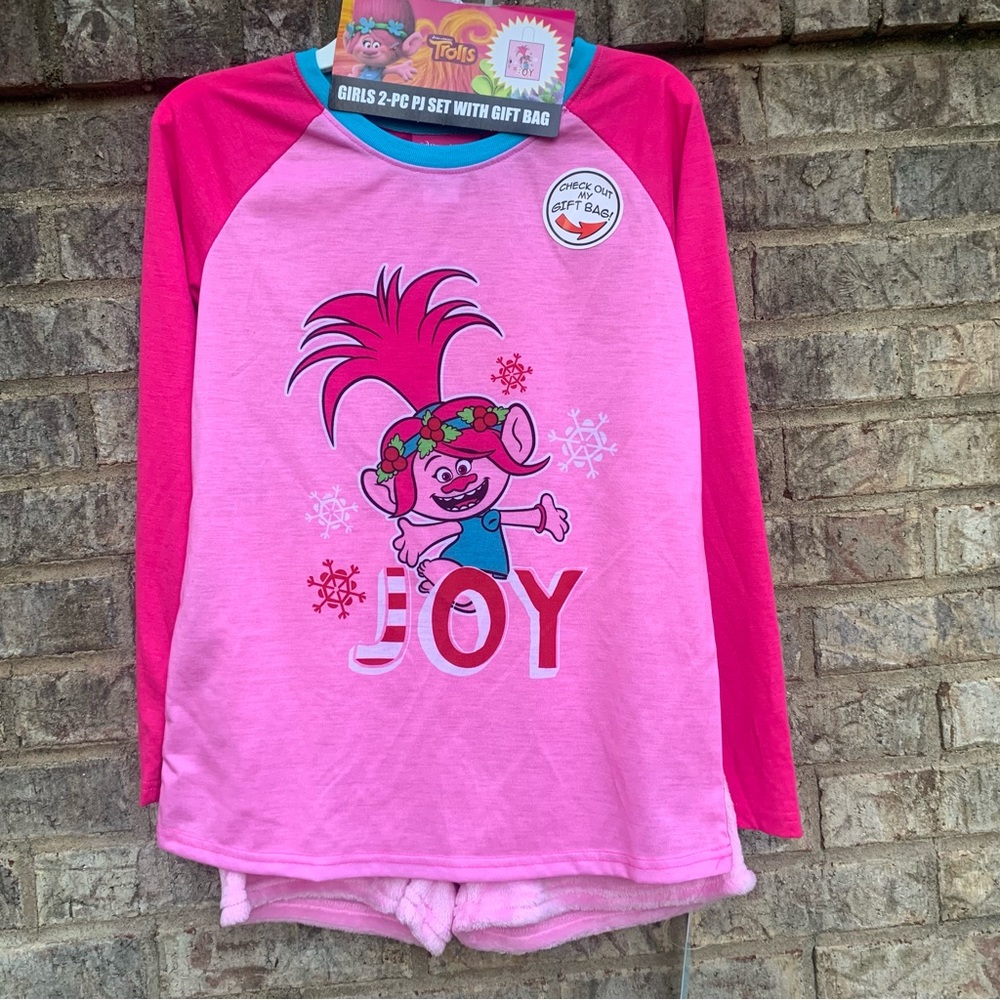 Trolls Poppy Girls 2-pc Pink Christmas Pajama Set Large Long Sleeve Shorts